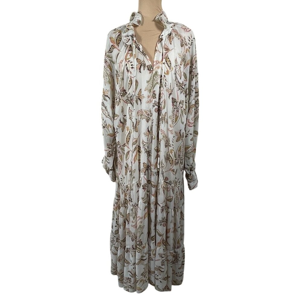 Aura Boho Maxi Dress Cream Peach Size L Large Long Sleeve Ruffle